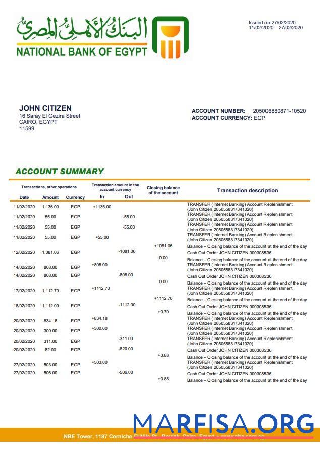 Downloadable Egypt National Bank of Egypt bank statement word download for verification